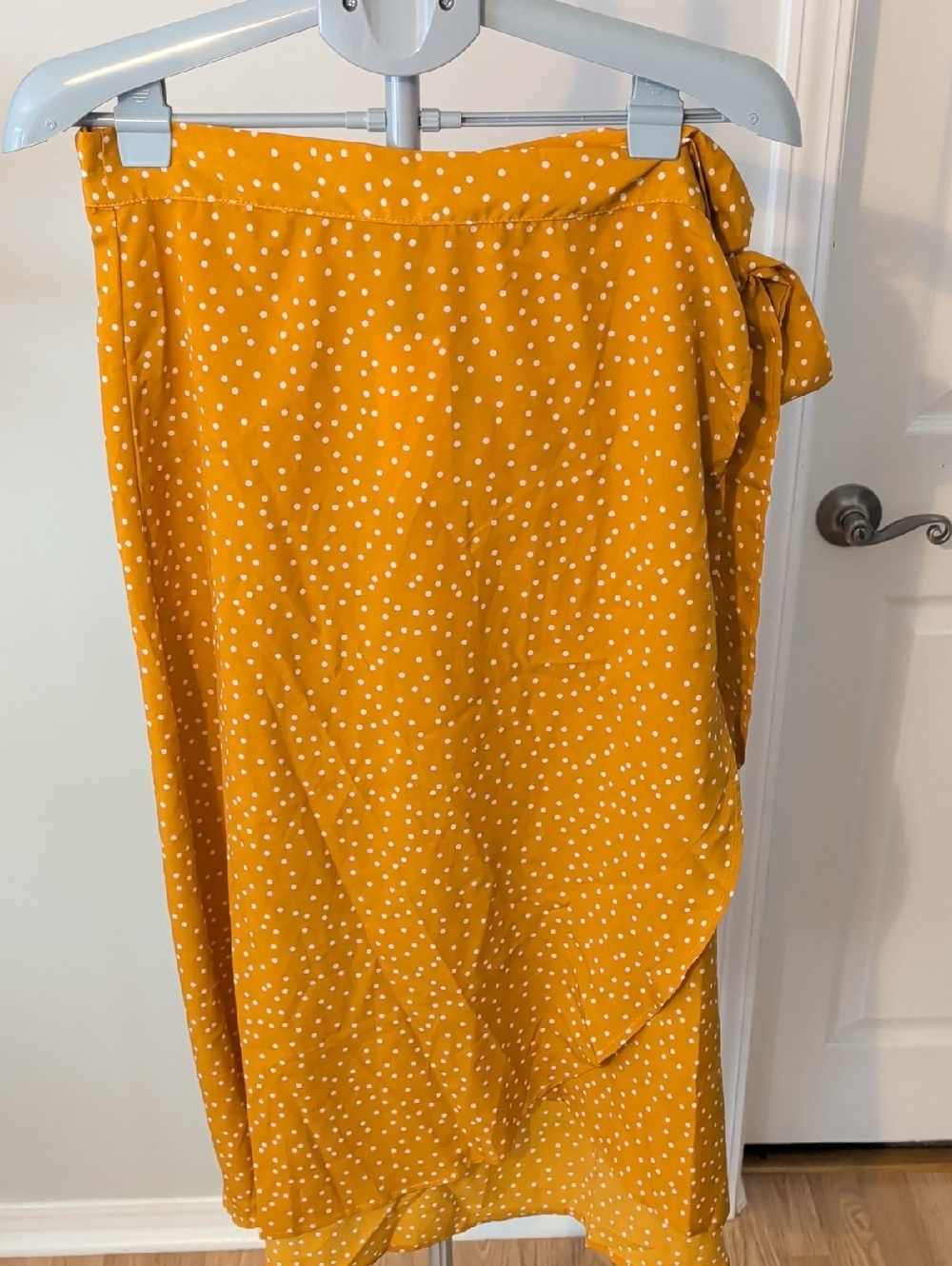 Women’s High-Low Wrap Skirt in Mustard Yellow Polka Dot